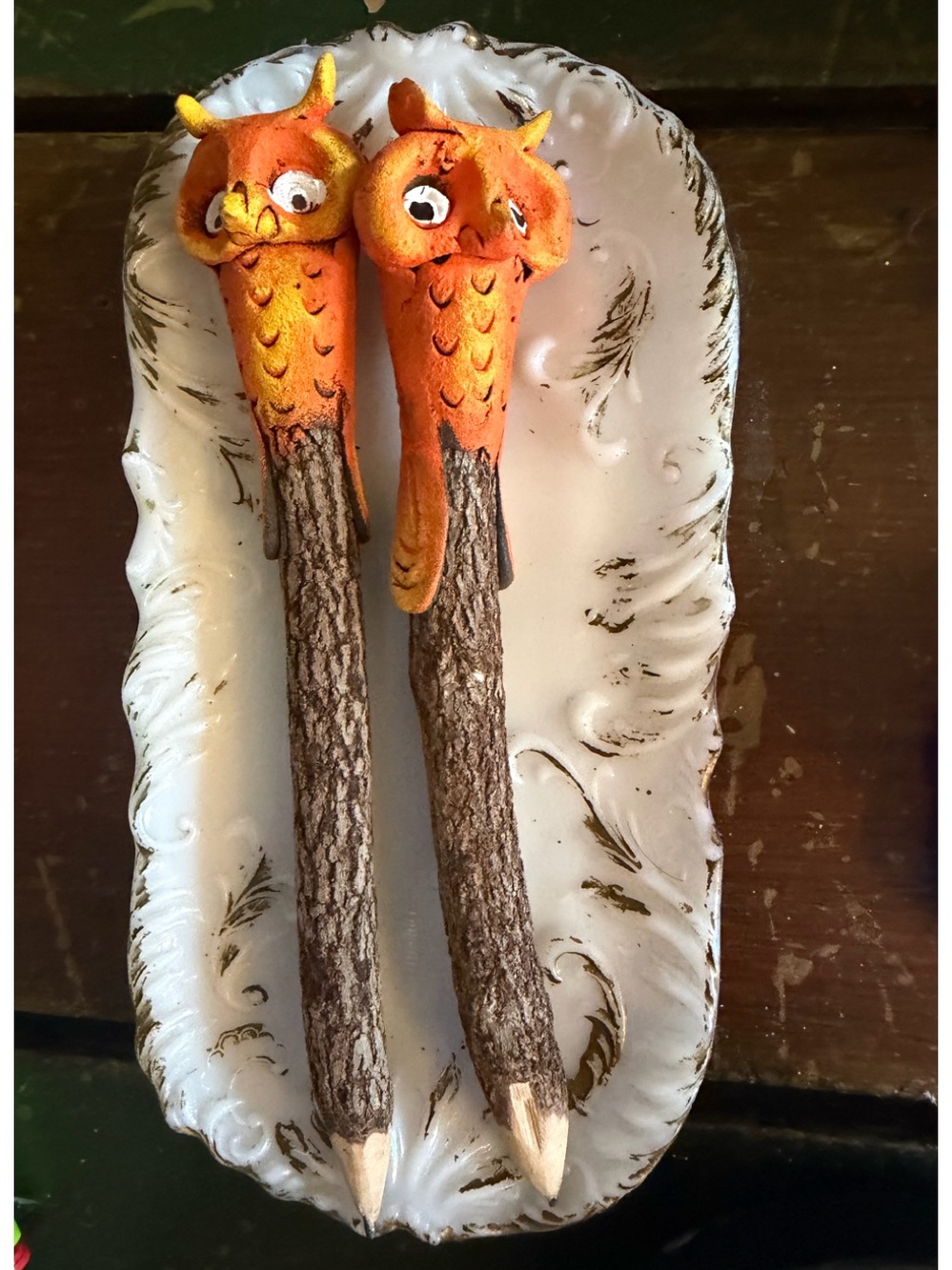 Pair Carved Wood Owl Novelty Pencils